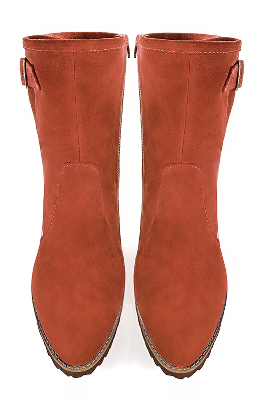 Terracotta orange women's ankle boots with buckles on the sides. Round toe. Flat rubber soles. Top view - Florence KOOIJMAN